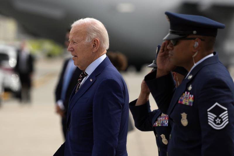President Joe Biden arrives on Air Force One at Roland R. Wright International Guard Base, Wednesday, Aug. 9, 2023, in Salt Lake City.